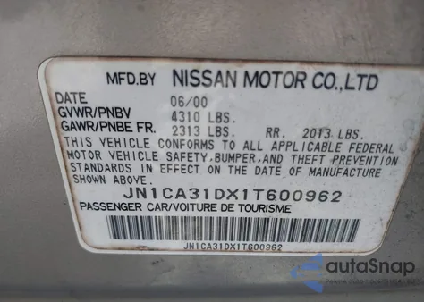 2001 Nissan Maxima Gle из США, поврежденный, VIN JN1CA31DX1T600962